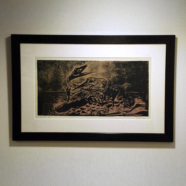 Color lithograph featuring battling prehistoric sea creatures by Axel Salto N6287 - Freeforms