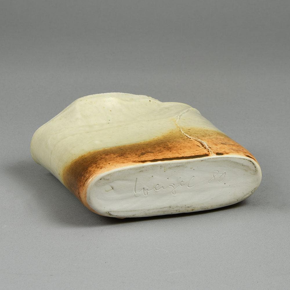 Gotlind Weigel, Germany stoneware flattened vase with cream glaze E7256 - Freeforms