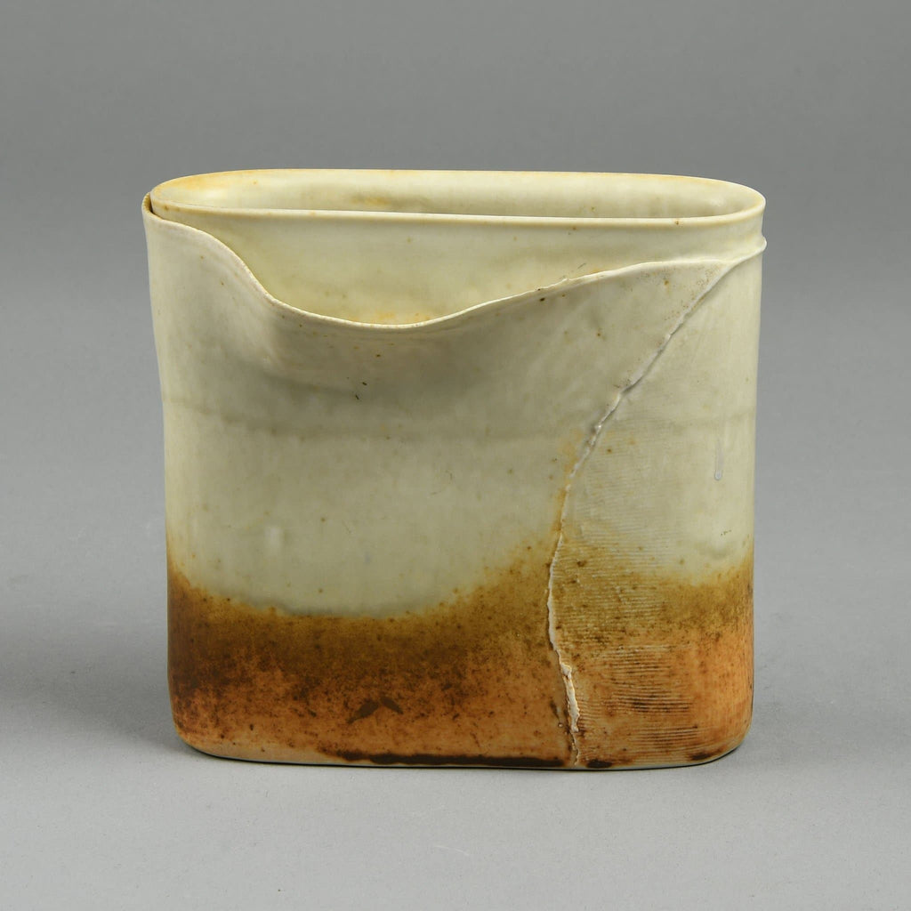 Gotlind Weigel, Germany stoneware flattened vase with cream glaze E7256 - Freeforms