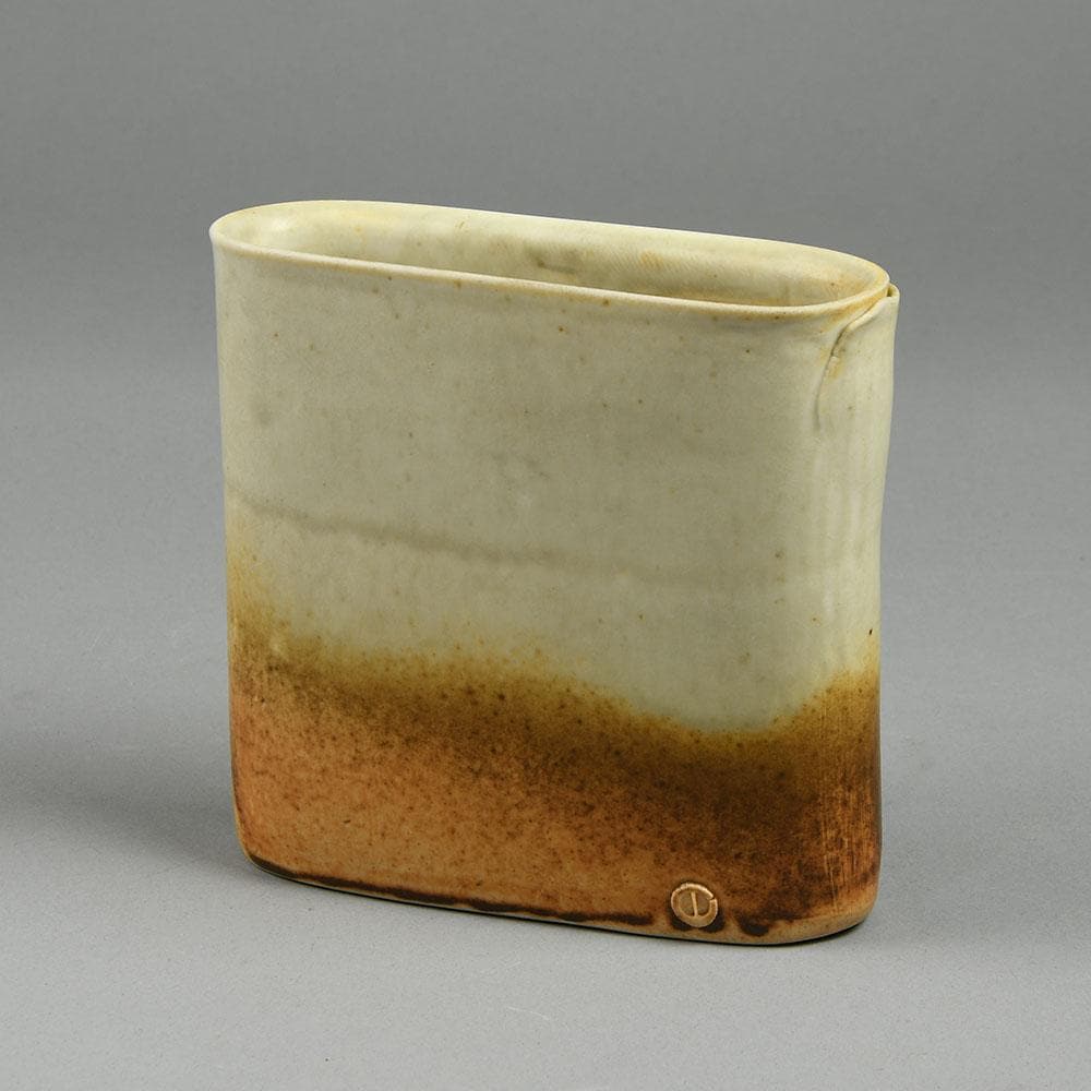 Gotlind Weigel, Germany stoneware flattened vase with cream glaze E7256 - Freeforms