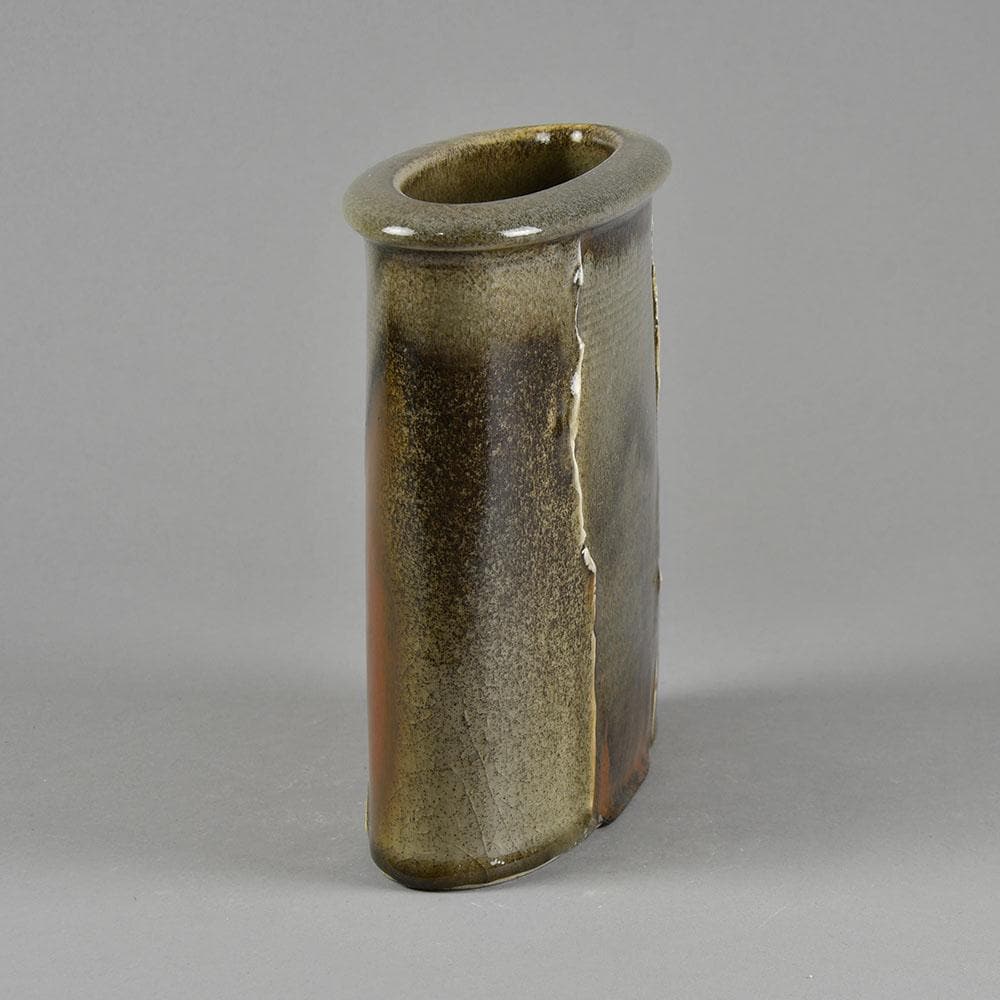 Gotlind Weigel, Germany stoneware flattened vase with glossy brown glaze E7255 - Freeforms