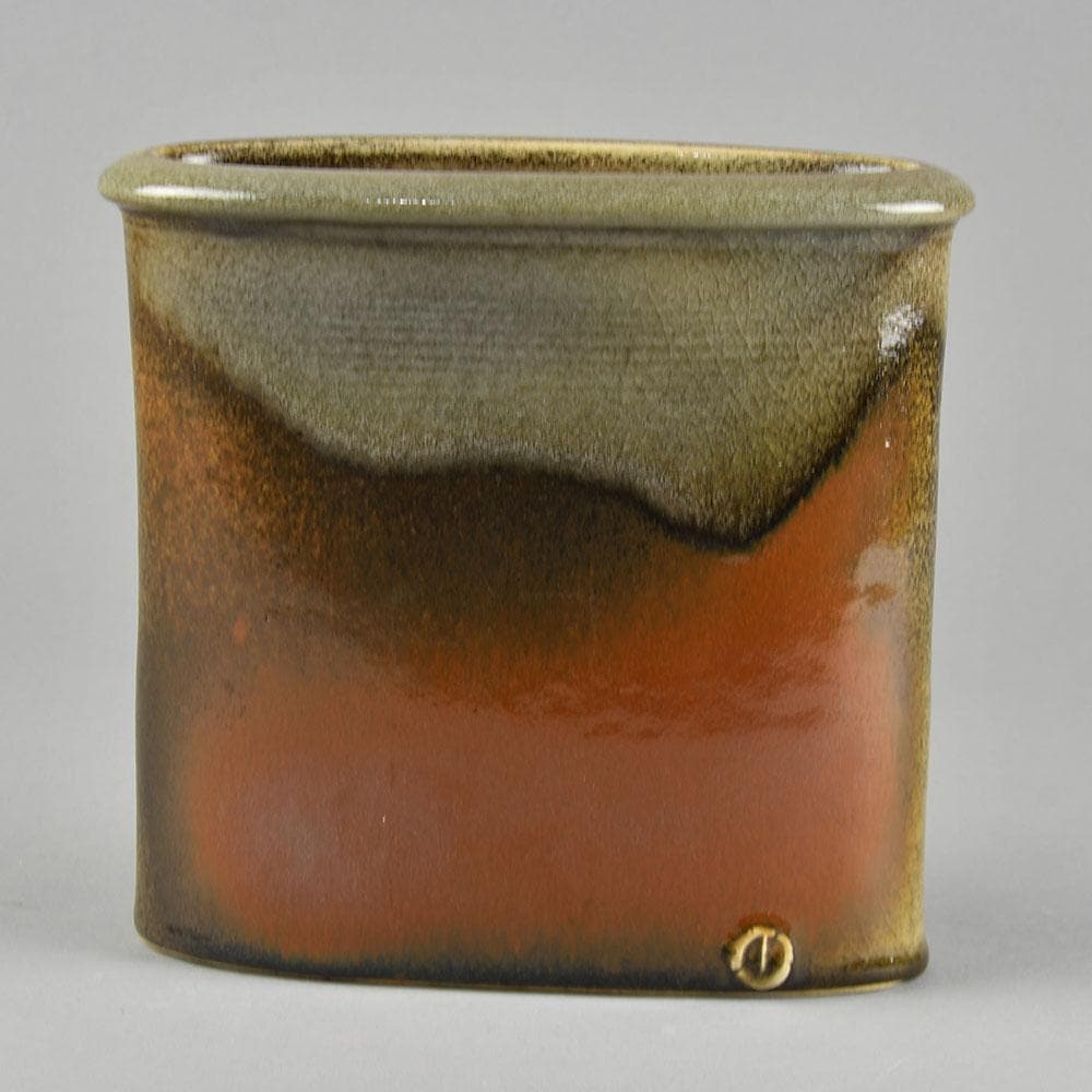 Gotlind Weigel, Germany stoneware flattened vase with glossy brown glaze E7255 - Freeforms