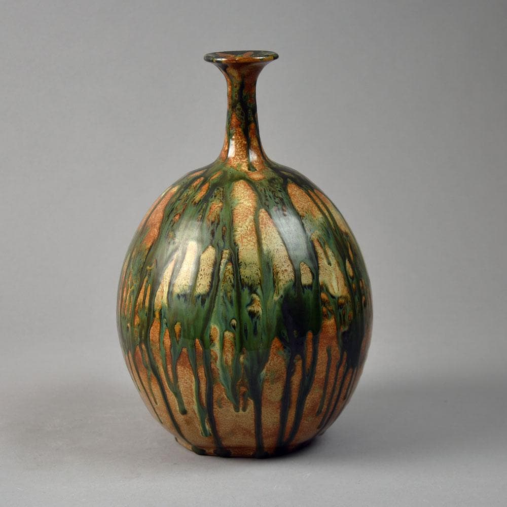 Gunnar Andersson, Höganäs, Sweden, unique earthenware vase with dripping green and brown glaze 1985 G9142 - Freeforms
