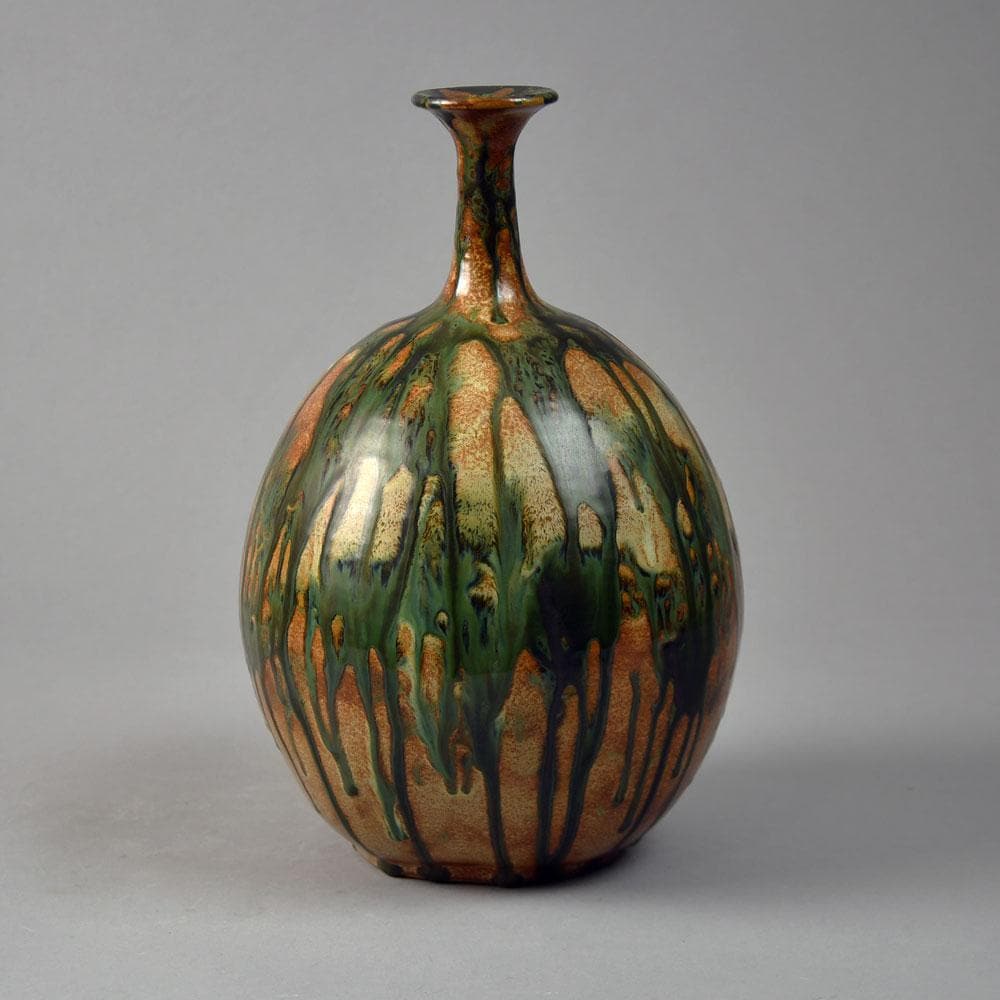 Gunnar Andersson, Höganäs, Sweden, unique earthenware vase with dripping green and brown glaze 1985 G9142 - Freeforms