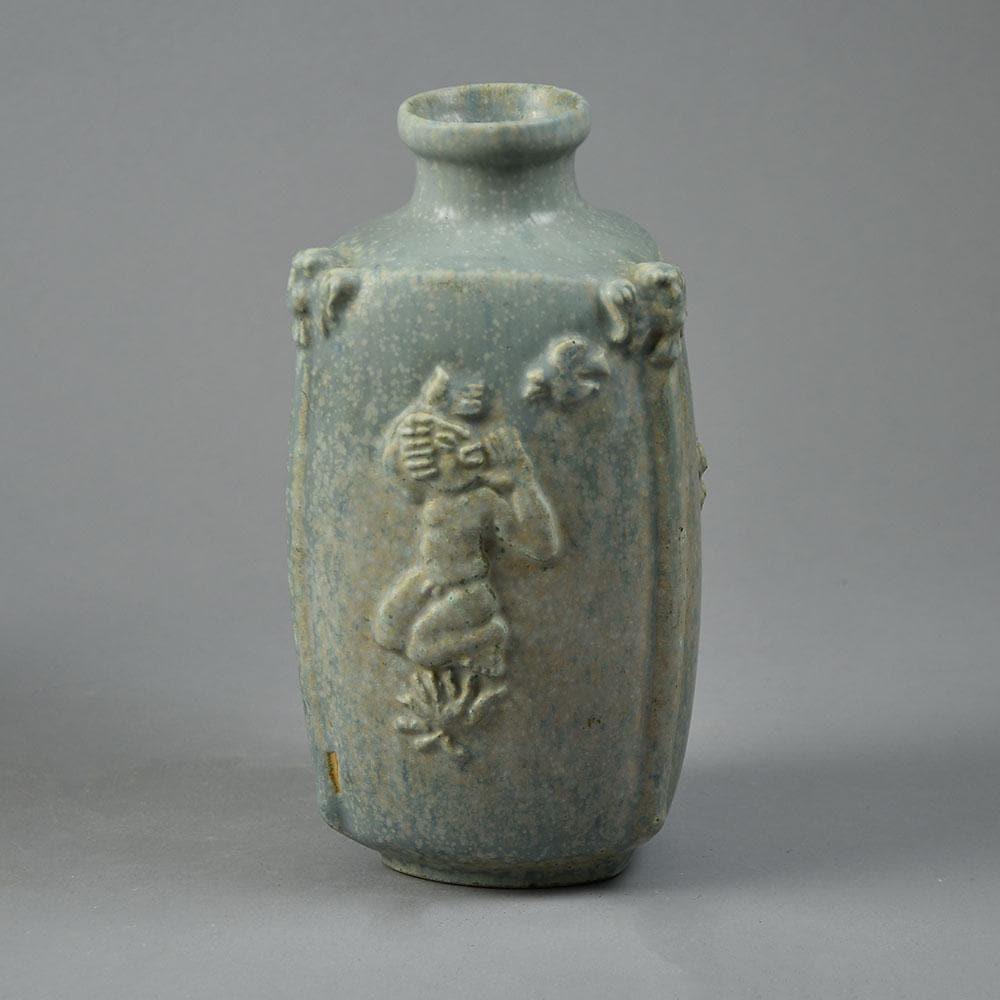 Hans Hansen and Bode Willumsen, Royal Copenhagen , Denmark, three sided vase with light blue crystalline glaze G9088 - Freeforms