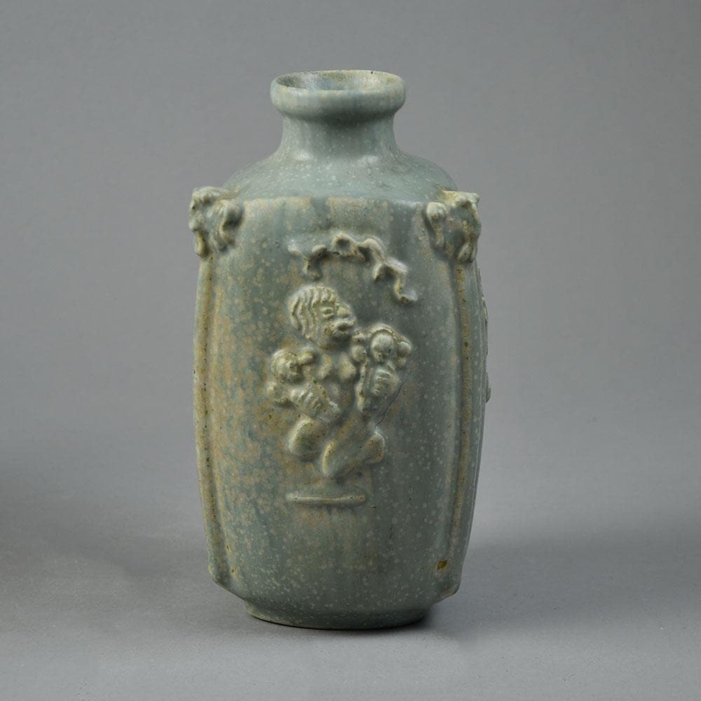 Hans Hansen and Bode Willumsen, Royal Copenhagen , Denmark, three sided vase with light blue crystalline glaze G9088 - Freeforms