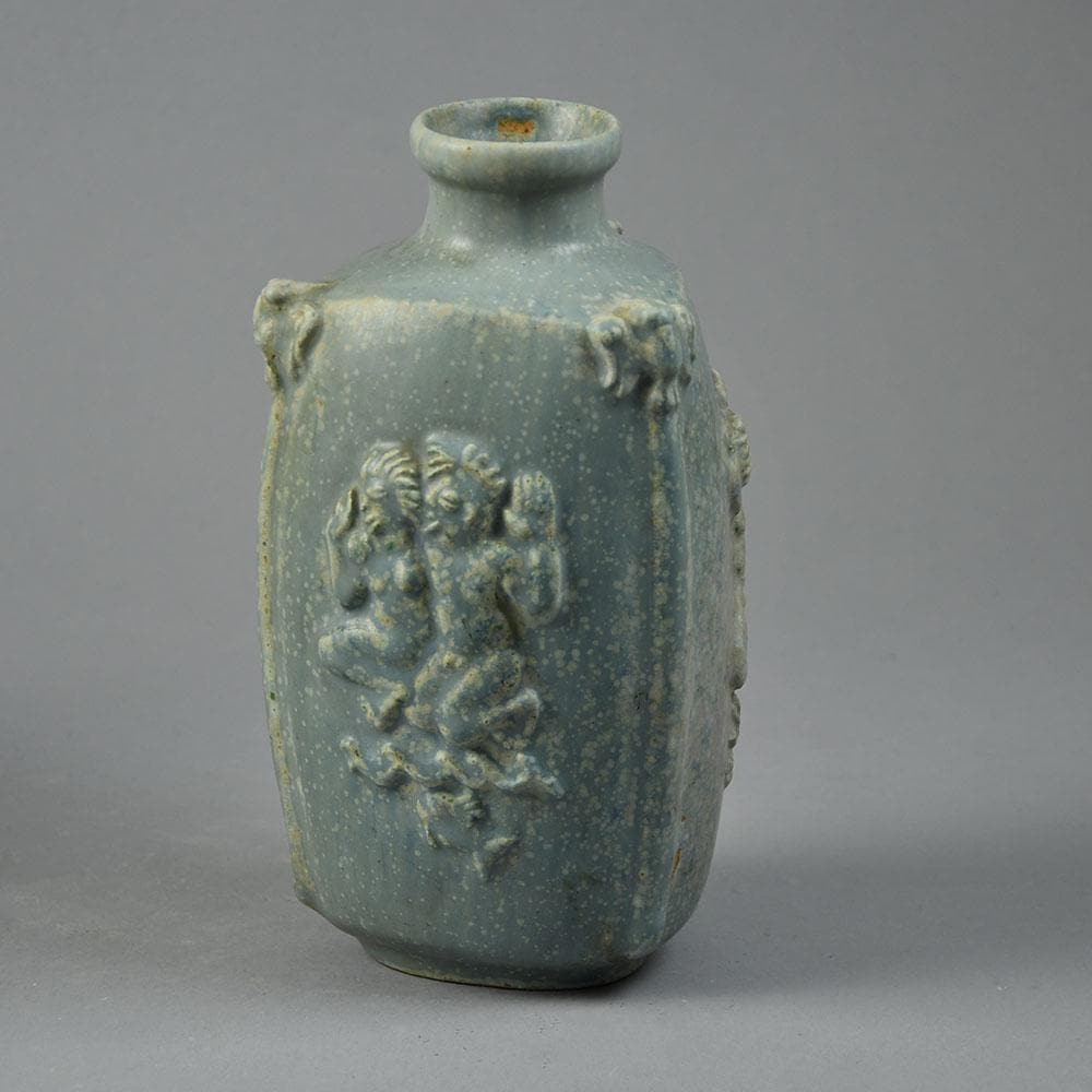 Hans Hansen and Bode Willumsen, Royal Copenhagen , Denmark, three sided vase with light blue crystalline glaze G9088 - Freeforms
