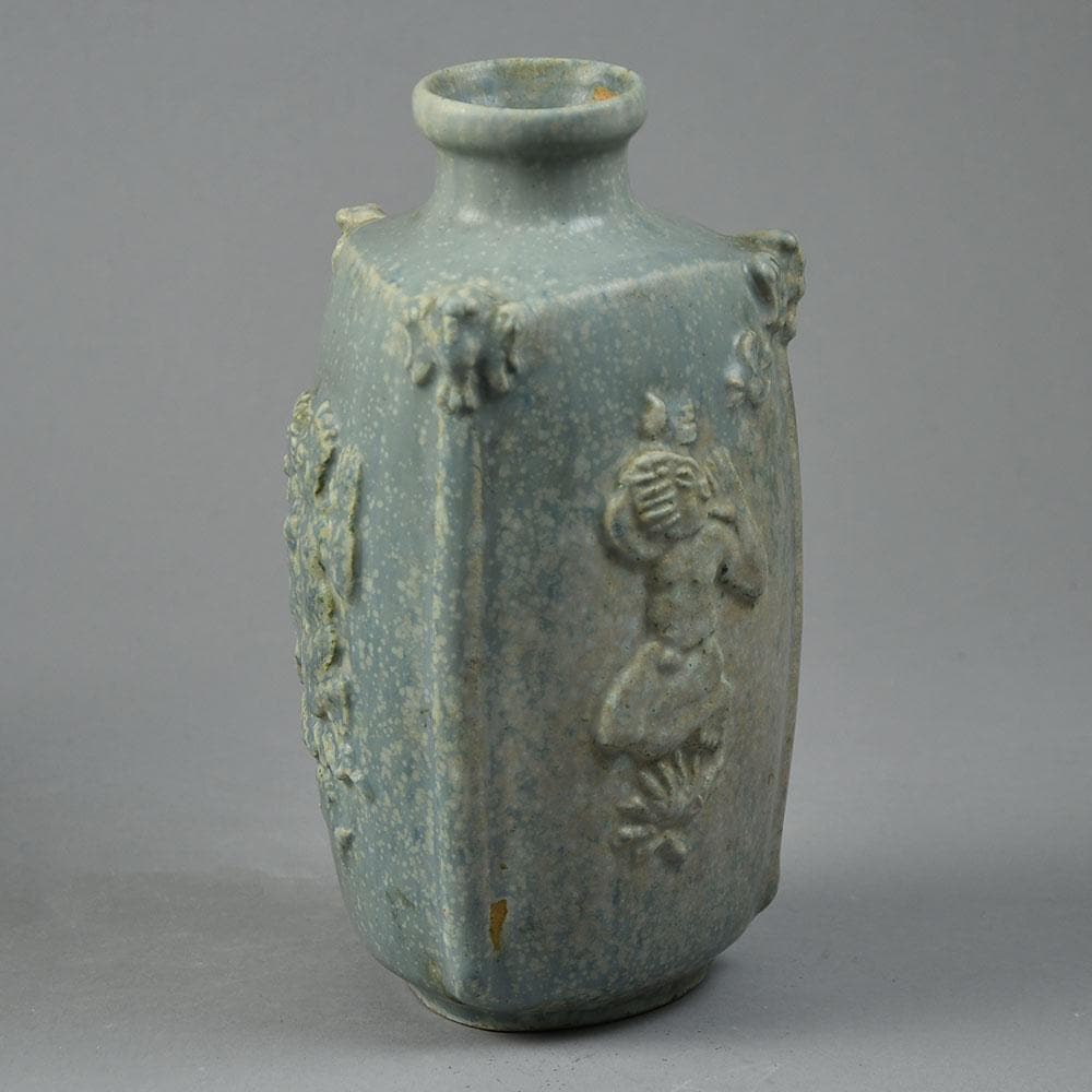 Hans Hansen and Bode Willumsen, Royal Copenhagen , Denmark, three sided vase with light blue crystalline glaze G9088 - Freeforms