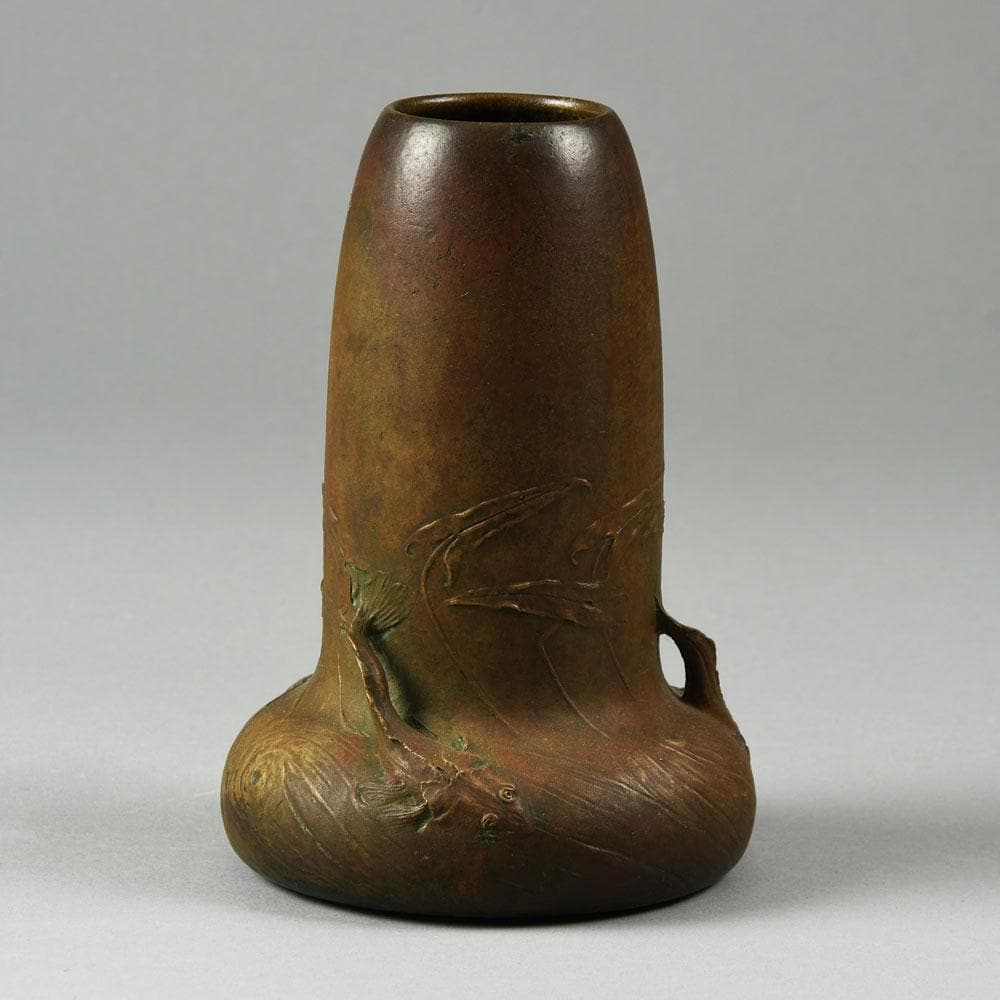 Hugo Elmquist, Sweden, bronze art nouveau vase with fish B3232 - Freeforms