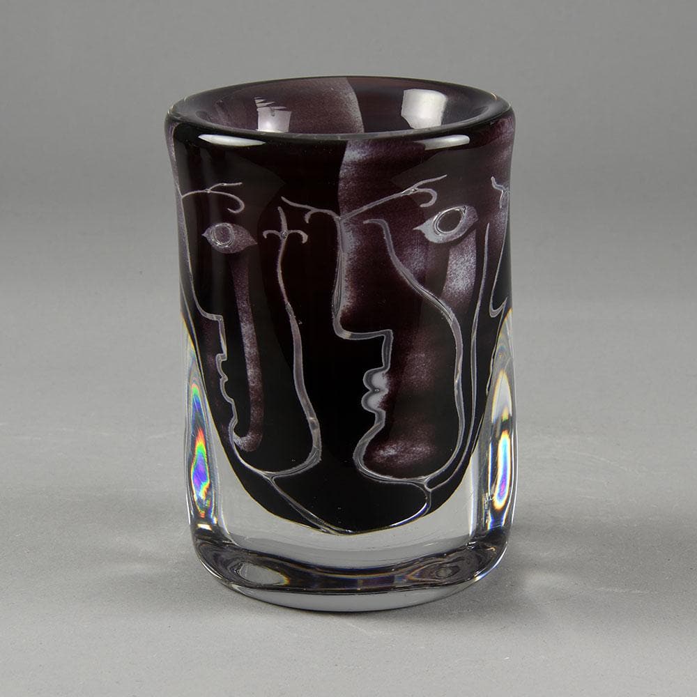 Ingeborg Lundin for Orrefors, Purple "Ariel" vase with faces F8051 - Freeforms
