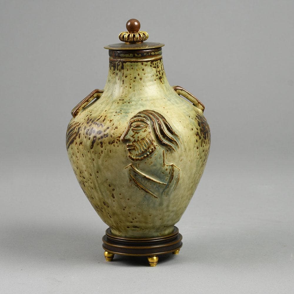 Jais Nielsen for Royal Copenhagen stoneware vase with Sung glaze and bronze lid and base D6314 - Freeforms