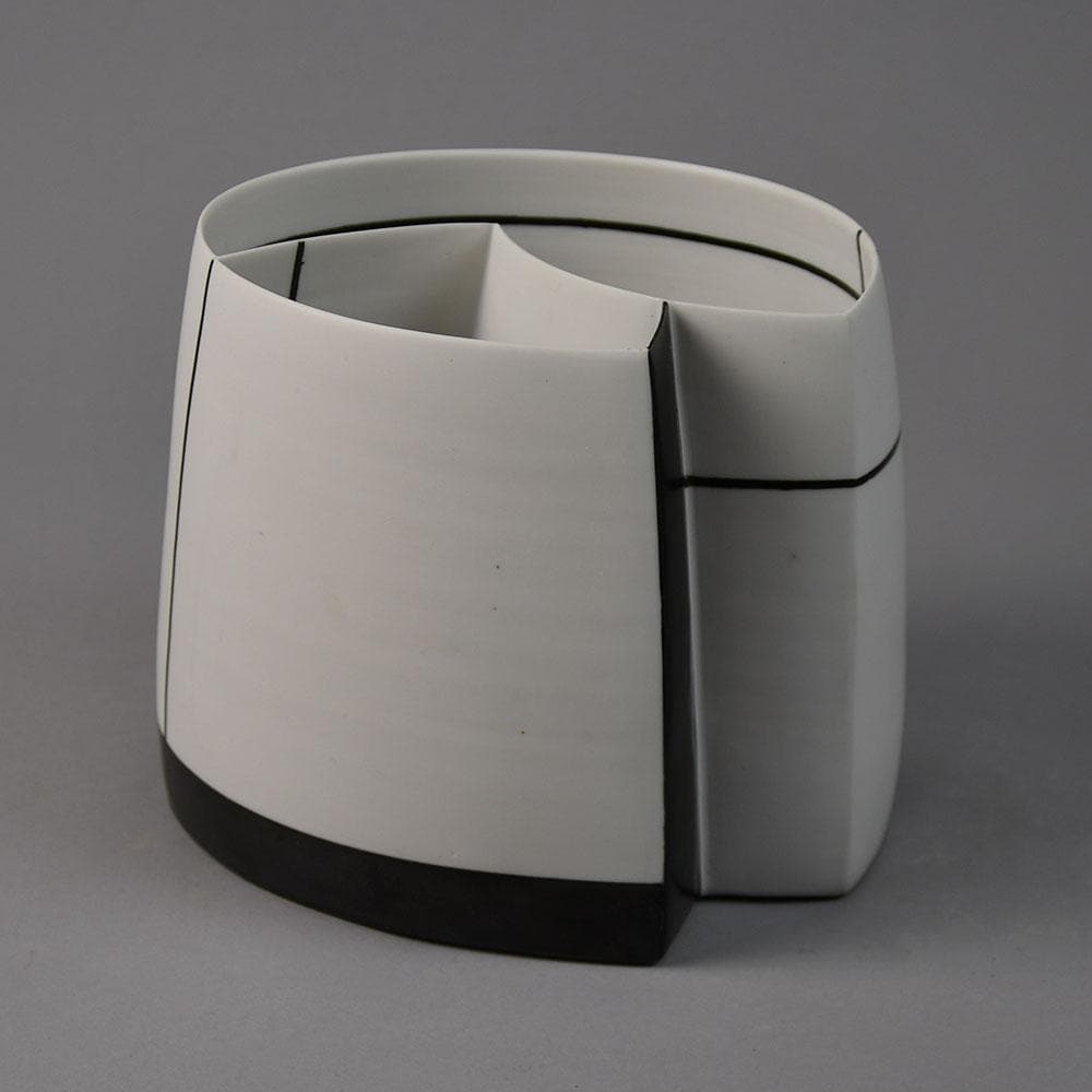 Karin Bablok, own studio, Germany, porcelain partitioned vessel with black lines G9130 - Freeforms
