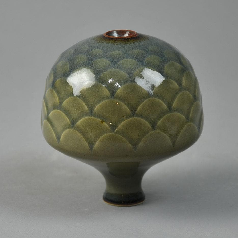 Karl Scheid, Germany, unique stoneware sculptural vessel with celadon glaze G9093 - Freeforms