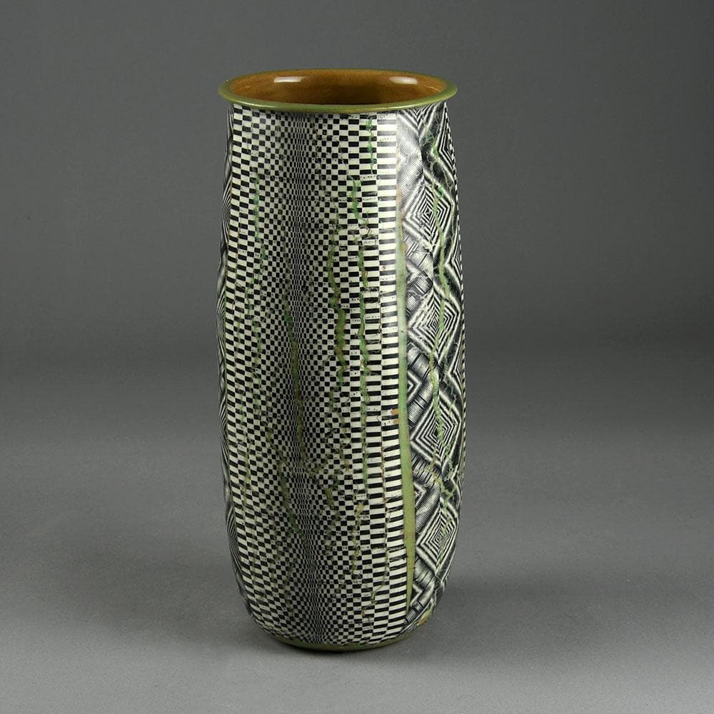 Martin Möhwald, own studio, Germany, stoneware vase with black, white and olive pattery E7518 - Freeforms