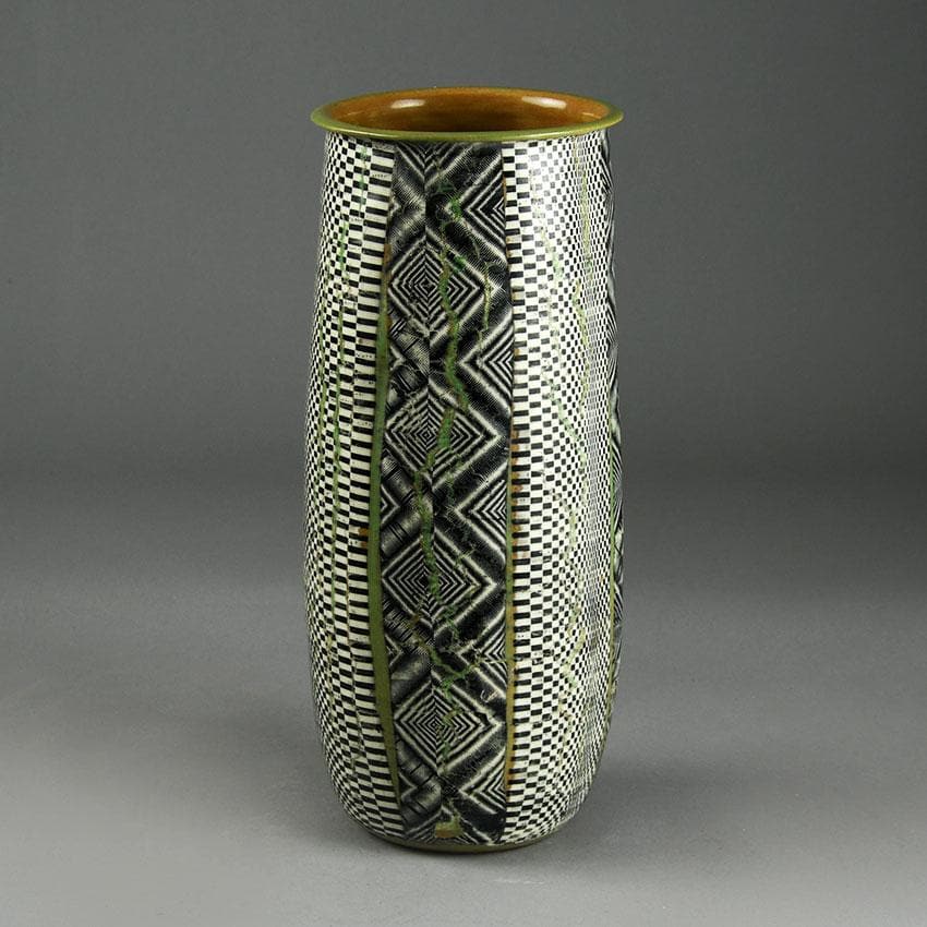Martin Möhwald, own studio, Germany, stoneware vase with black, white and olive pattery E7518 - Freeforms