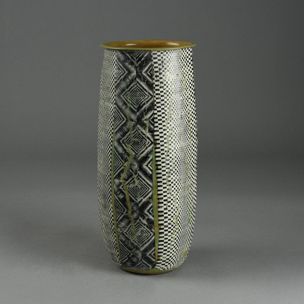Martin Möhwald, own studio, Germany, stoneware vase with black, white and olive pattery E7518 - Freeforms