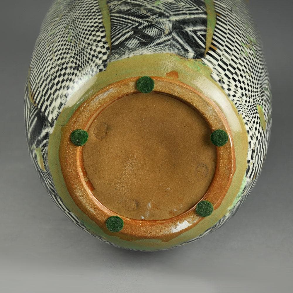 Martin Möhwald, own studio, Germany, stoneware vase with black, white and olive pattery E7518 - Freeforms