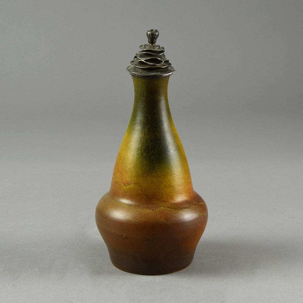 P. Ipsen, Denmark, earthenware vase with redish brown glaze and silver lid N2265 - Freeforms