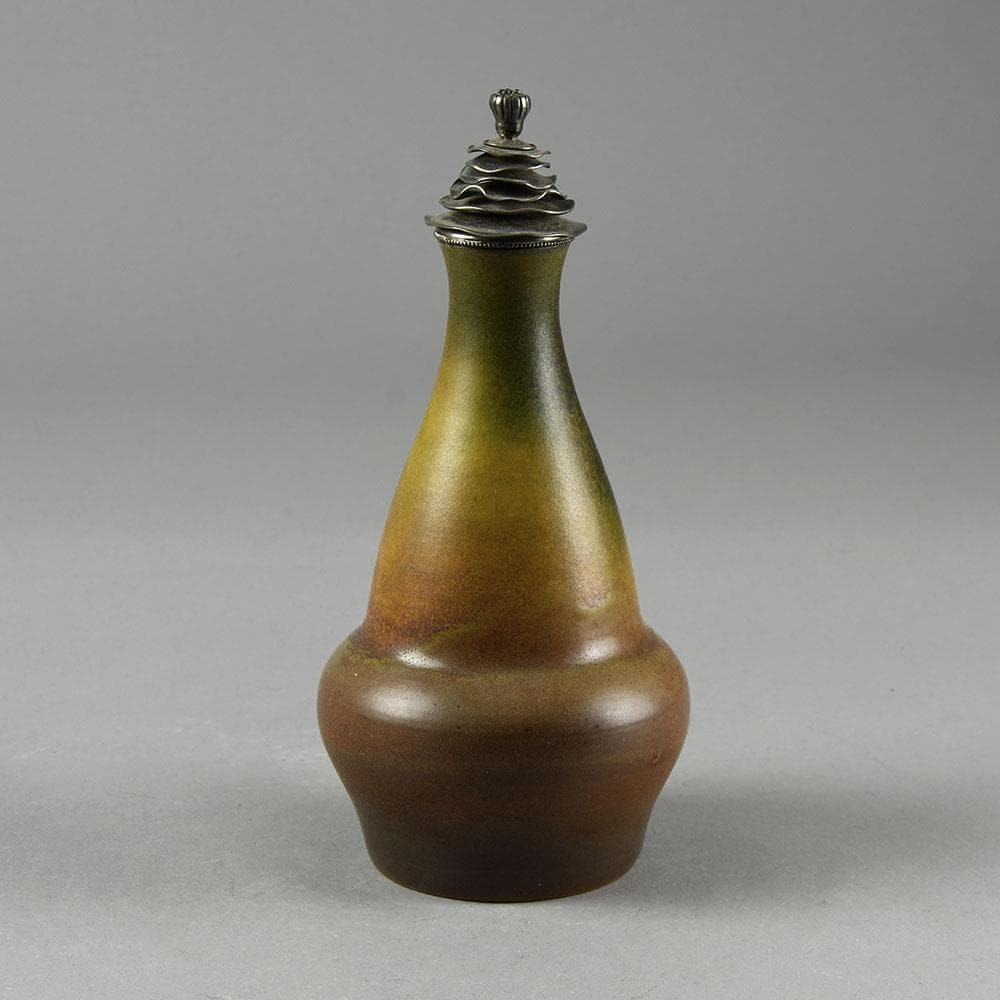P. Ipsen, Denmark, earthenware vase with redish brown glaze and silver lid N2265 - Freeforms