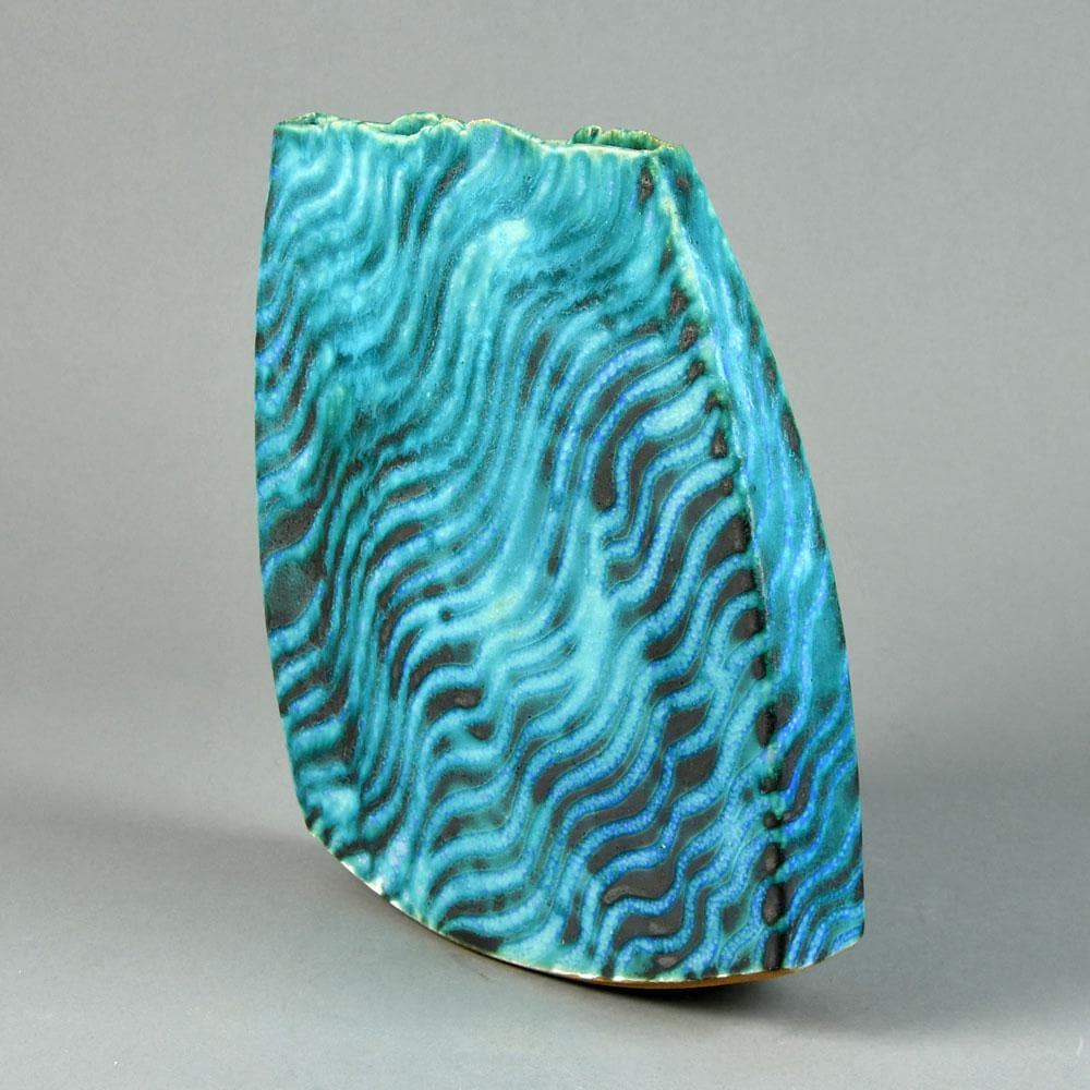Peter Frasier Beard, own studio, UK, flattened vase with pale blue glaze G9292 - Freeforms