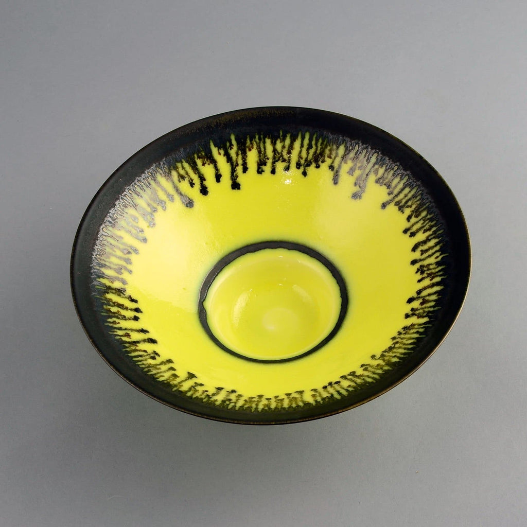 Peter Wills bowl with yellow and dripping metallic glaze D6030 - Freeforms