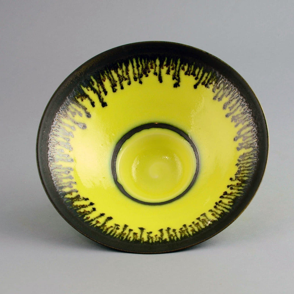 Peter Wills bowl with yellow and dripping metallic glaze D6030 - Freeforms