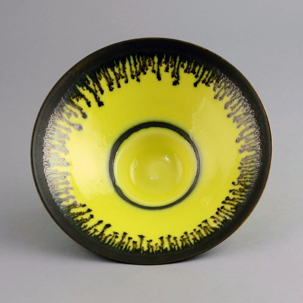 Peter Wills bowl with yellow and dripping metallic glaze D6030 - Freeforms