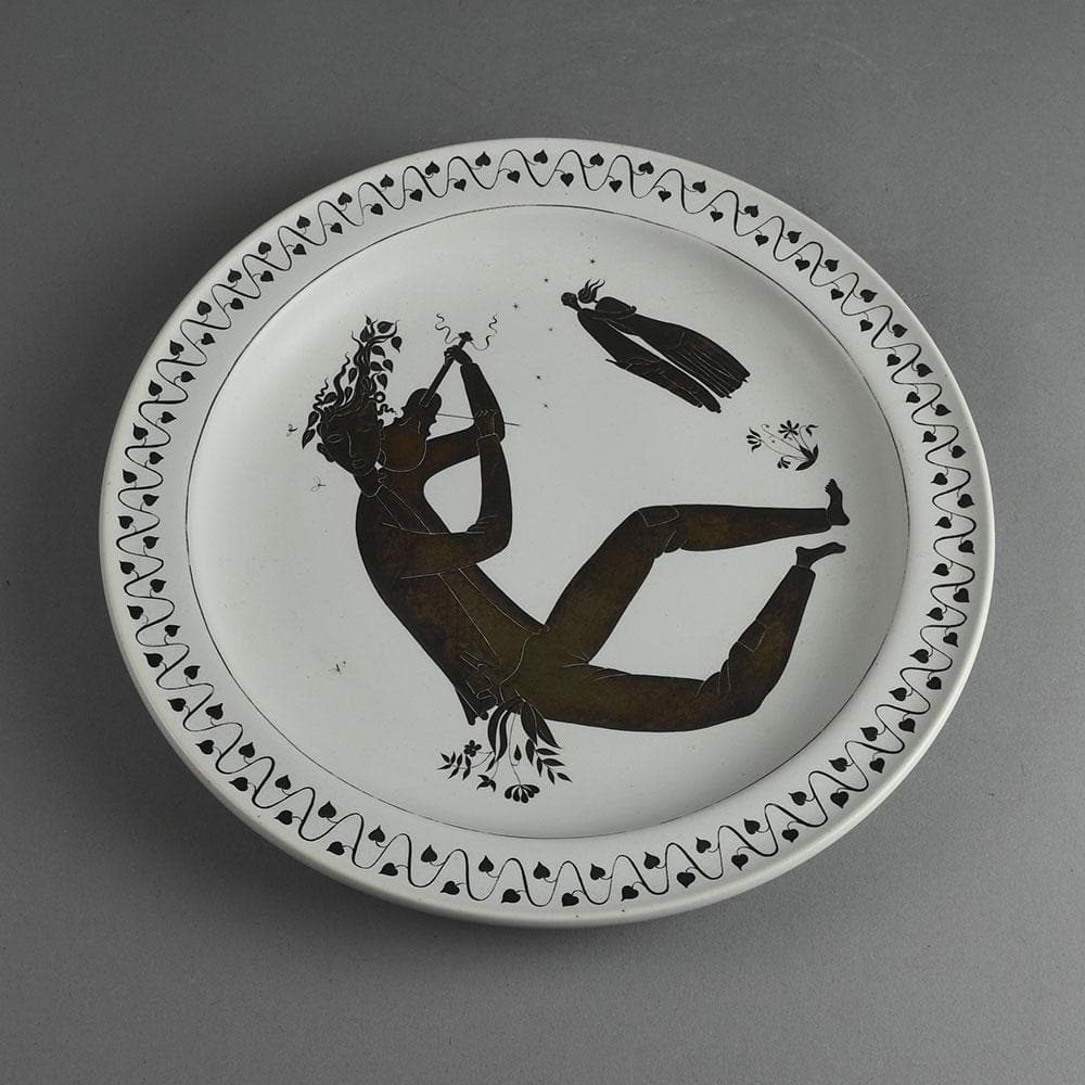 Stig Lindberg for Gustavsberg "Grazia" dish with matte white glaze and applied silver decoration E7190 - Freeforms