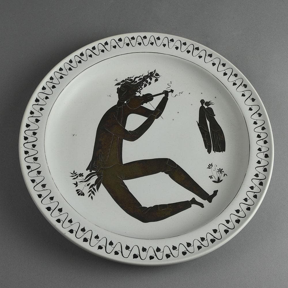 Stig Lindberg for Gustavsberg "Grazia" dish with matte white glaze and applied silver decoration E7190 - Freeforms