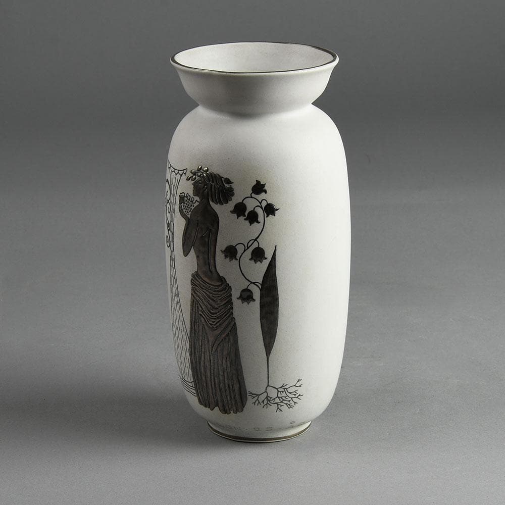 Stig Lindberg for Gustavsberg "Grazia" vase with matte white glaze and applied silver decoration E7182 - Freeforms