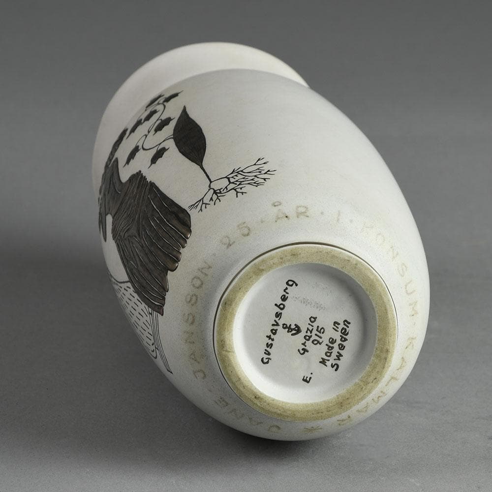 Stig Lindberg for Gustavsberg "Grazia" vase with matte white glaze and applied silver decoration E7182 - Freeforms