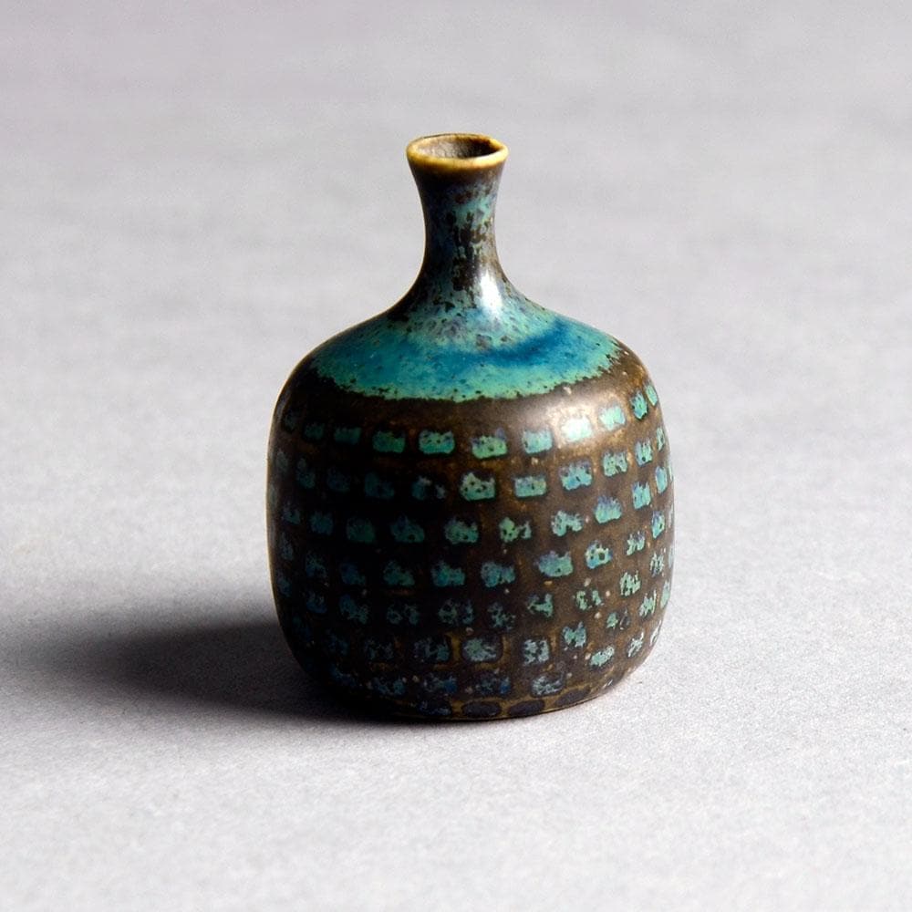 Stig Lindberg miniature vase with turquoise blue and brown glaze D6220 - Freeforms