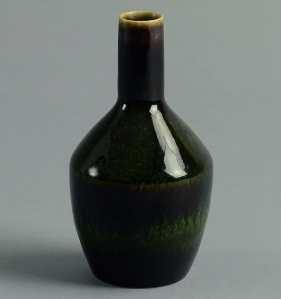 Stoneware vase with glossy green and black glaze by Carl Harry Stalhane A1434 - Freeforms