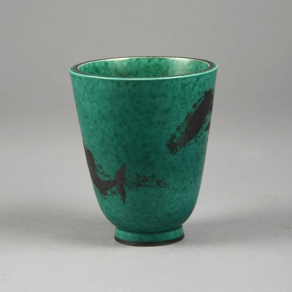 Wilhelm Kage for Gustavsberg, "Argenta" stoneware vase with fish illustration in silver over green glaze B3815 - Freeforms