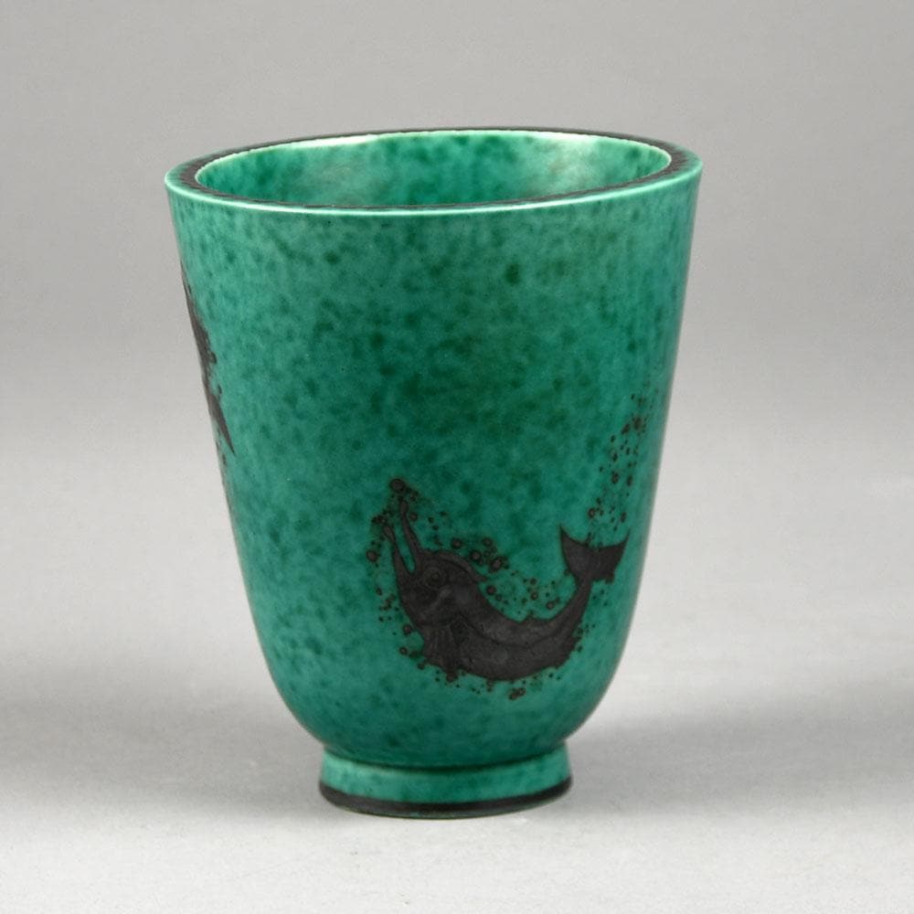 Wilhelm Kage for Gustavsberg, "Argenta" stoneware vase with fish illustration in silver over green glaze B3815 - Freeforms