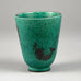 Wilhelm Kage for Gustavsberg, "Argenta" stoneware vase with fish illustration in silver over green glaze B3815 - Freeforms