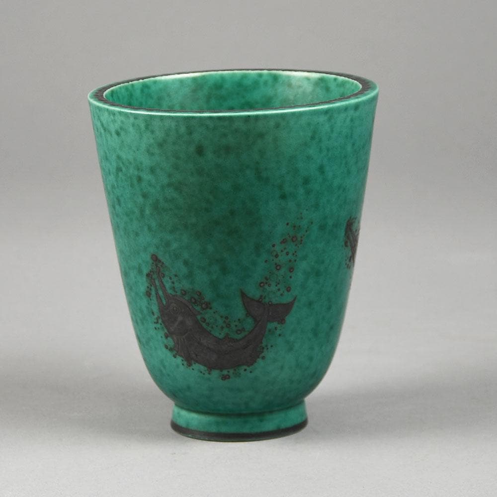 Wilhelm Kage for Gustavsberg, "Argenta" stoneware vase with fish illustration in silver over green glaze B3815 - Freeforms