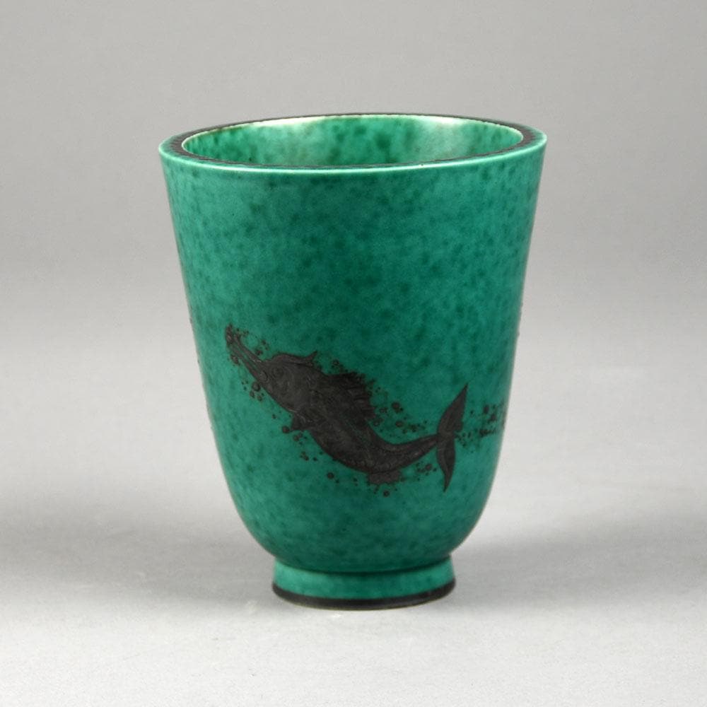 Wilhelm Kage for Gustavsberg, "Argenta" stoneware vase with fish illustration in silver over green glaze B3815 - Freeforms