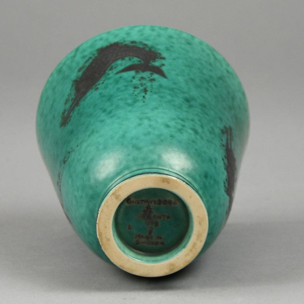 Wilhelm Kage for Gustavsberg, "Argenta" stoneware vase with fish illustration in silver over green glaze B3815 - Freeforms