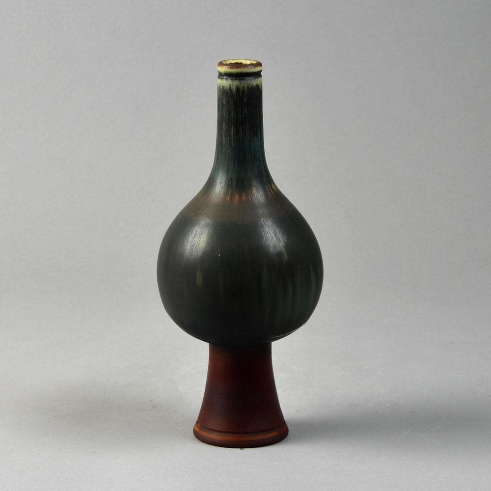 Wilhelm Kåge for Gustavsberg, "Farsta" footed vase with brick red, brown and blue matte glaze G9219 - Freeforms