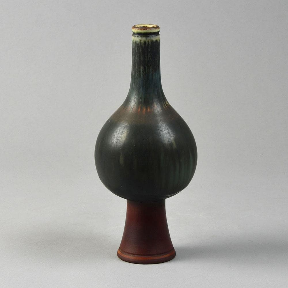 Wilhelm Kåge for Gustavsberg, "Farsta" footed vase with brick red, brown and blue matte glaze G9219 - Freeforms