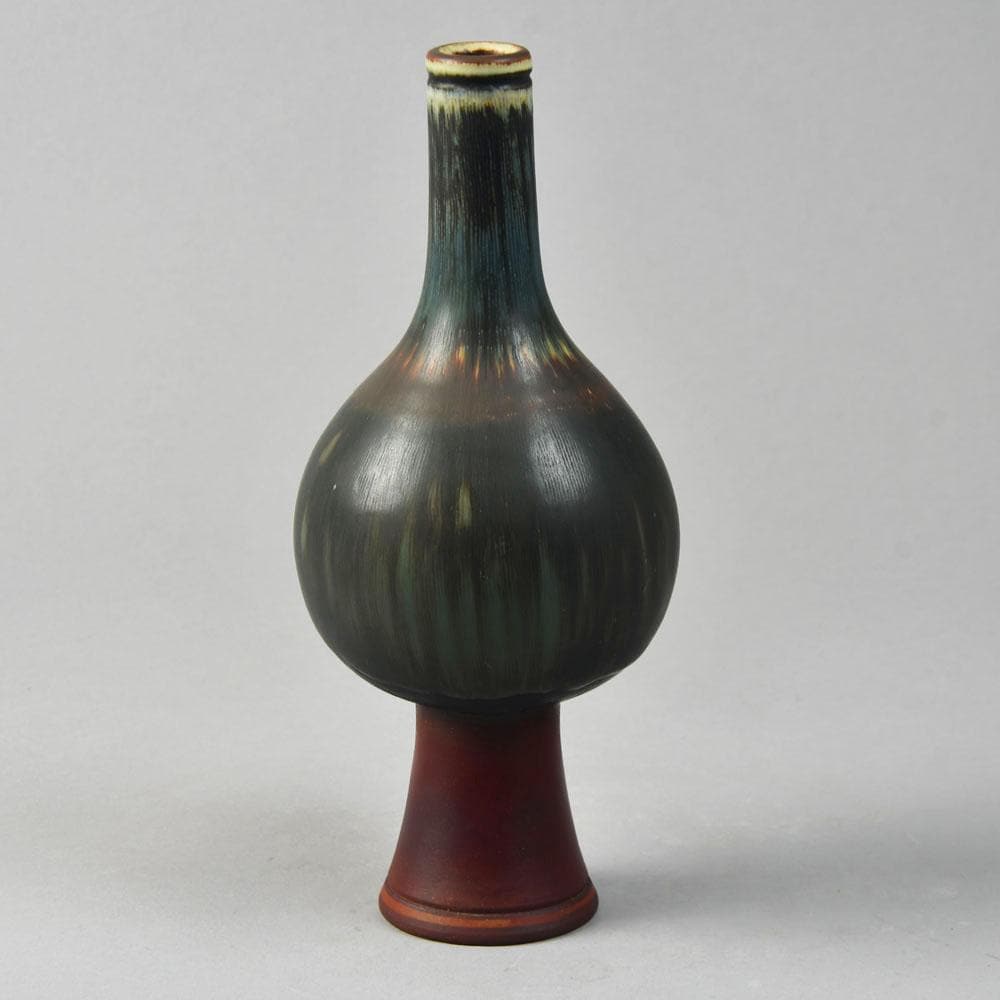 Wilhelm Kåge for Gustavsberg, "Farsta" footed vase with brick red, brown and blue matte glaze G9219 - Freeforms