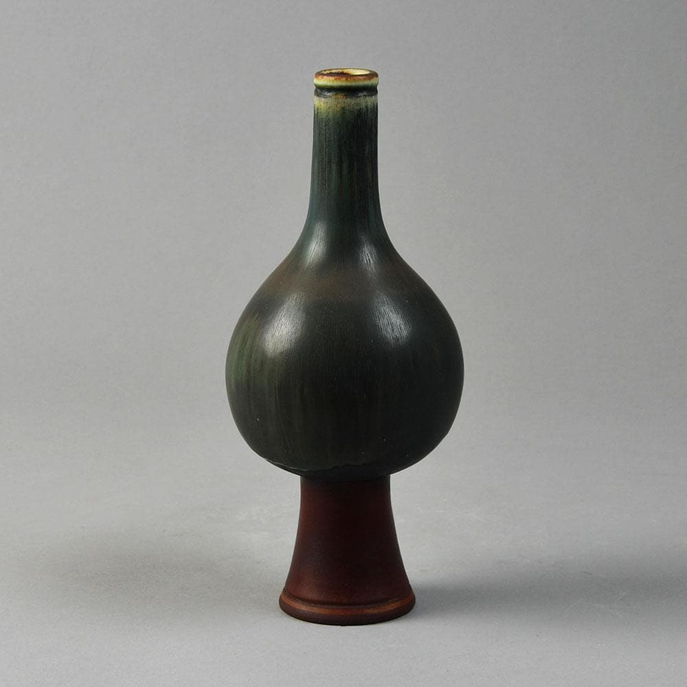 Wilhelm Kåge for Gustavsberg, "Farsta" footed vase with brick red, brown and blue matte glaze G9219 - Freeforms