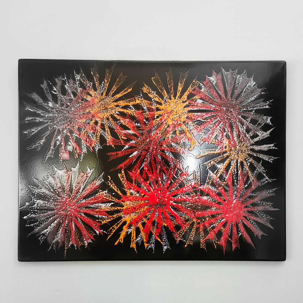 Bengt Berglund for Gustavsberg, Sweden, enamel wall hanging in red, orange and black M5419