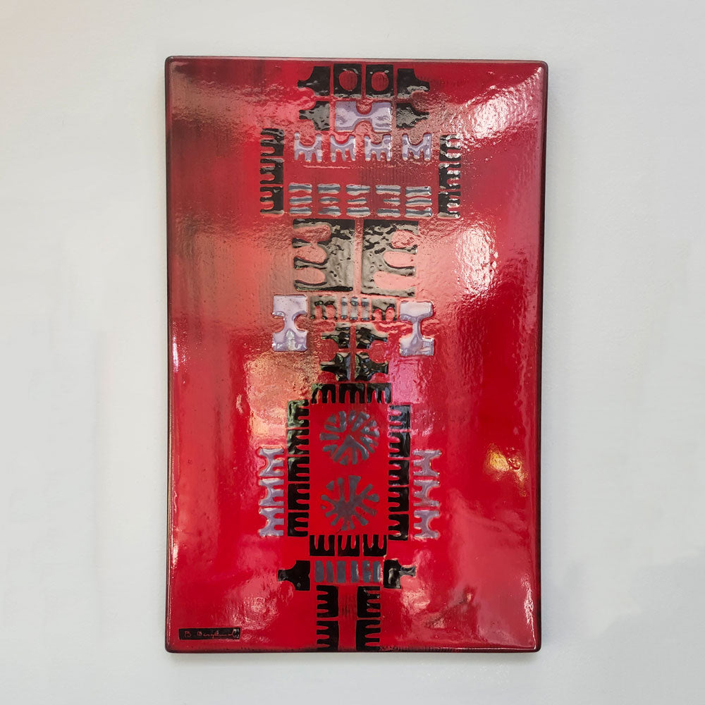 Bengt Berglund for Gustavsberg, Sweden, enamel wall hanging in red and black L3969