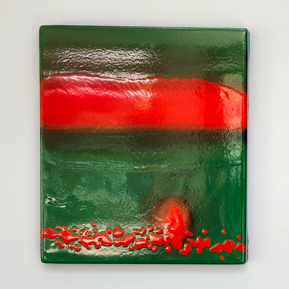 Bengt Berglund for Gustavsberg, Sweden, enamel wall hanging in red and green M4181