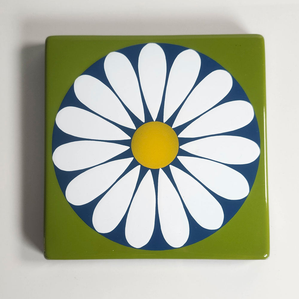 Bengt Berglund for Gustavsberg, enamel wall hanging with flower image in green, white, blue and yellow M5433
