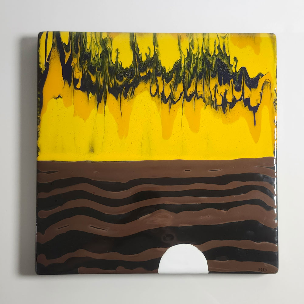 Bengt Berglund for Gustavsberg, Sweden, enamel wall hanging in black, brown and yellow M5390