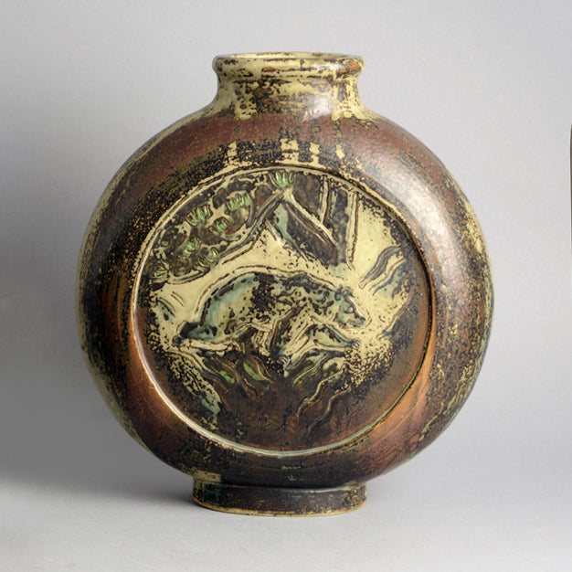 Knud Kyhn for Royal Copenhagen, Denmark, flattened circular vase with bear illustration in relief A1094