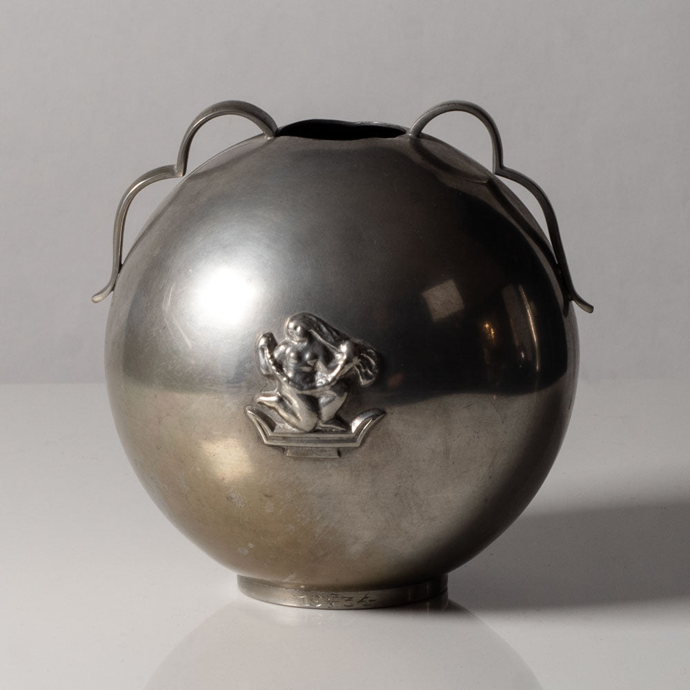 CG Hallberg, Sweden, handled round pewter vase with relief L3768